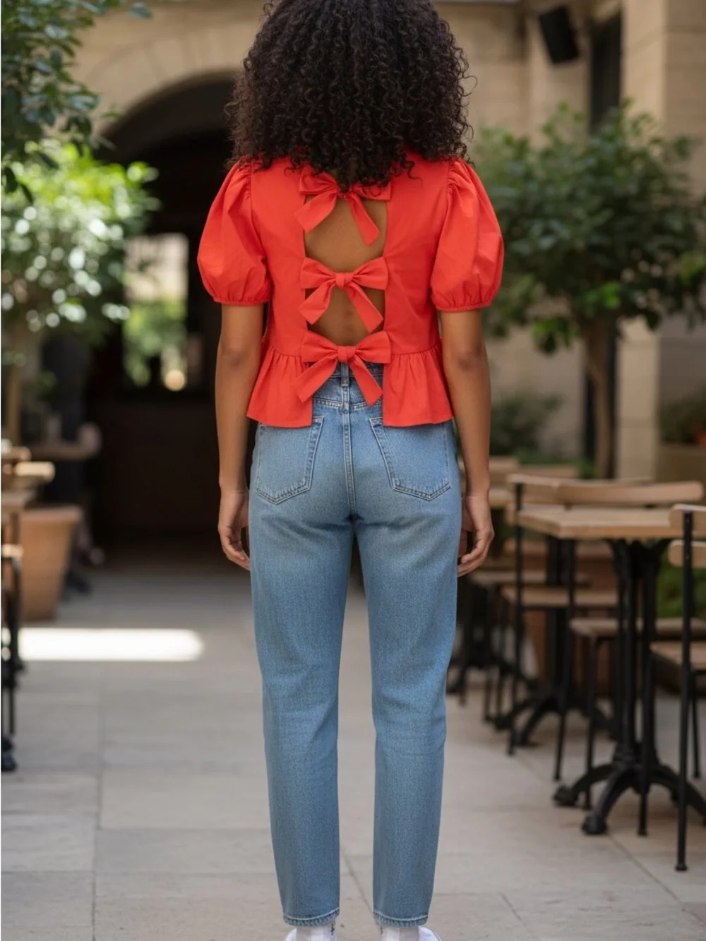 Puff Sleeve Vibrant Red Orange Cotton Blouse with Tie Closure Size L Boho Summer - Picture 3 of 12
